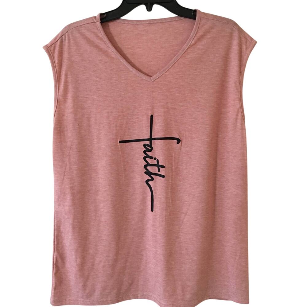 XL Sleeveless T-shirt Heather Pink With The Word Faith In Black Cursive Letters